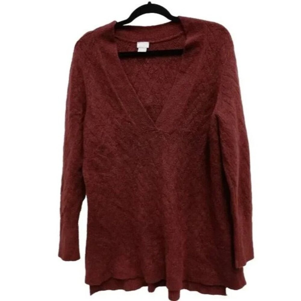 Chicos Womens Sweater Large Maroon‎ Textured Deep V-Neck Pullover Casual